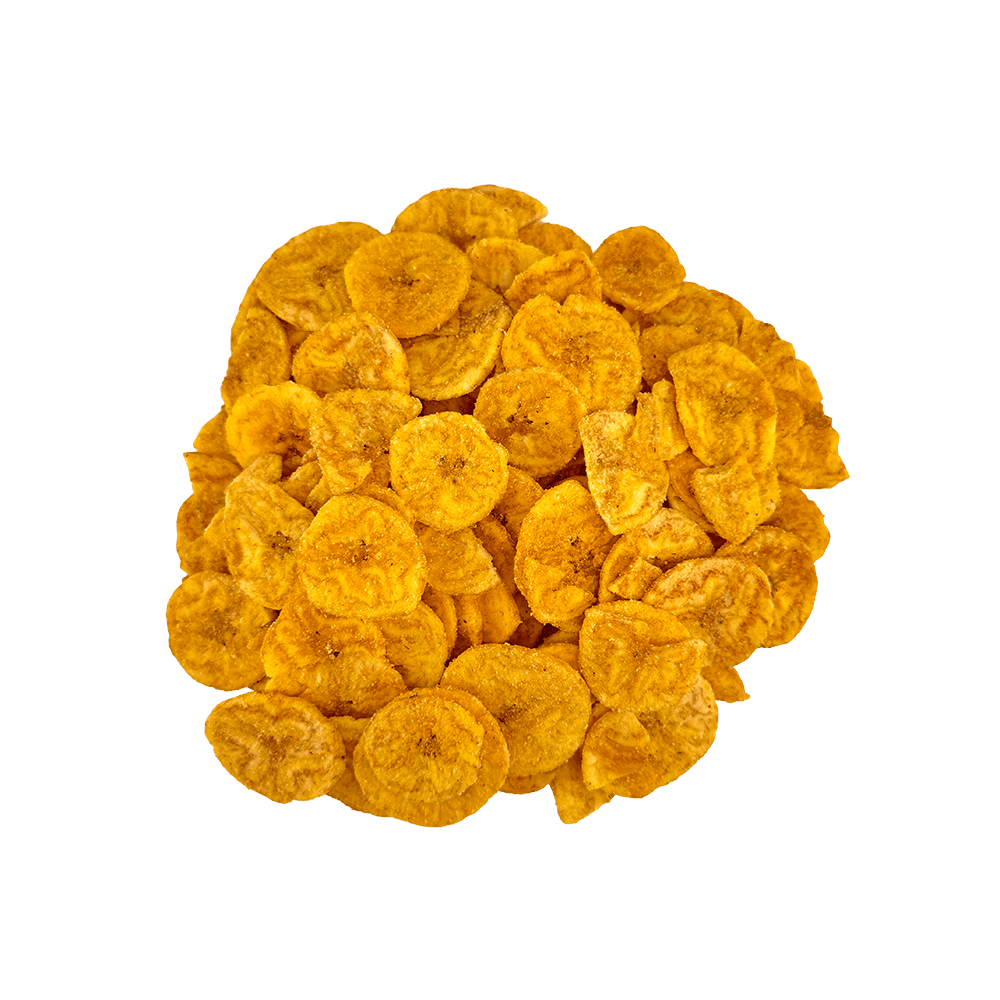 A pile of round, crispy yellow Sour Cream and Onion Plantain Chips is arranged on a plain white background.