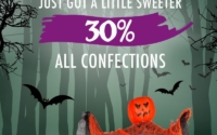 SunRidge Farms Halloween sale ad with a 30% discount on all confections, featuring candy bags, pumpkins, bats, cobwebs, and Halloween-themed decorations.