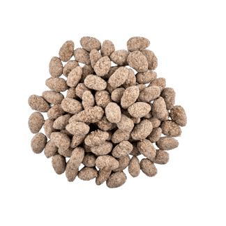 Churro Almonds: Roasted almonds dusted with light brown churro-inspired powder, neatly arranged in a circle on a plain white background.