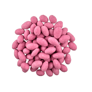 A cluster of Strawberry Yogurt Almonds, oval and pink with a sugar coating, is displayed on a white background.